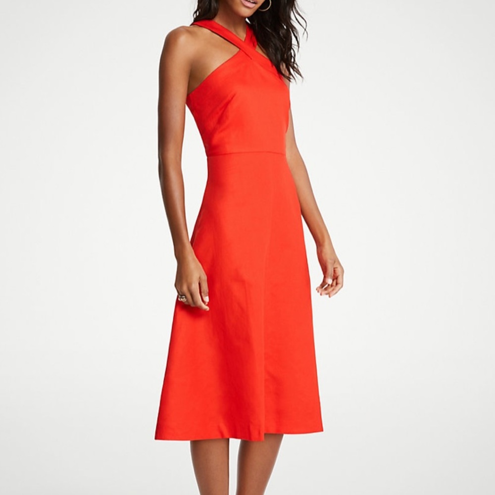 Ann Taylor Red Cross-Neck Midi Dress-runs large